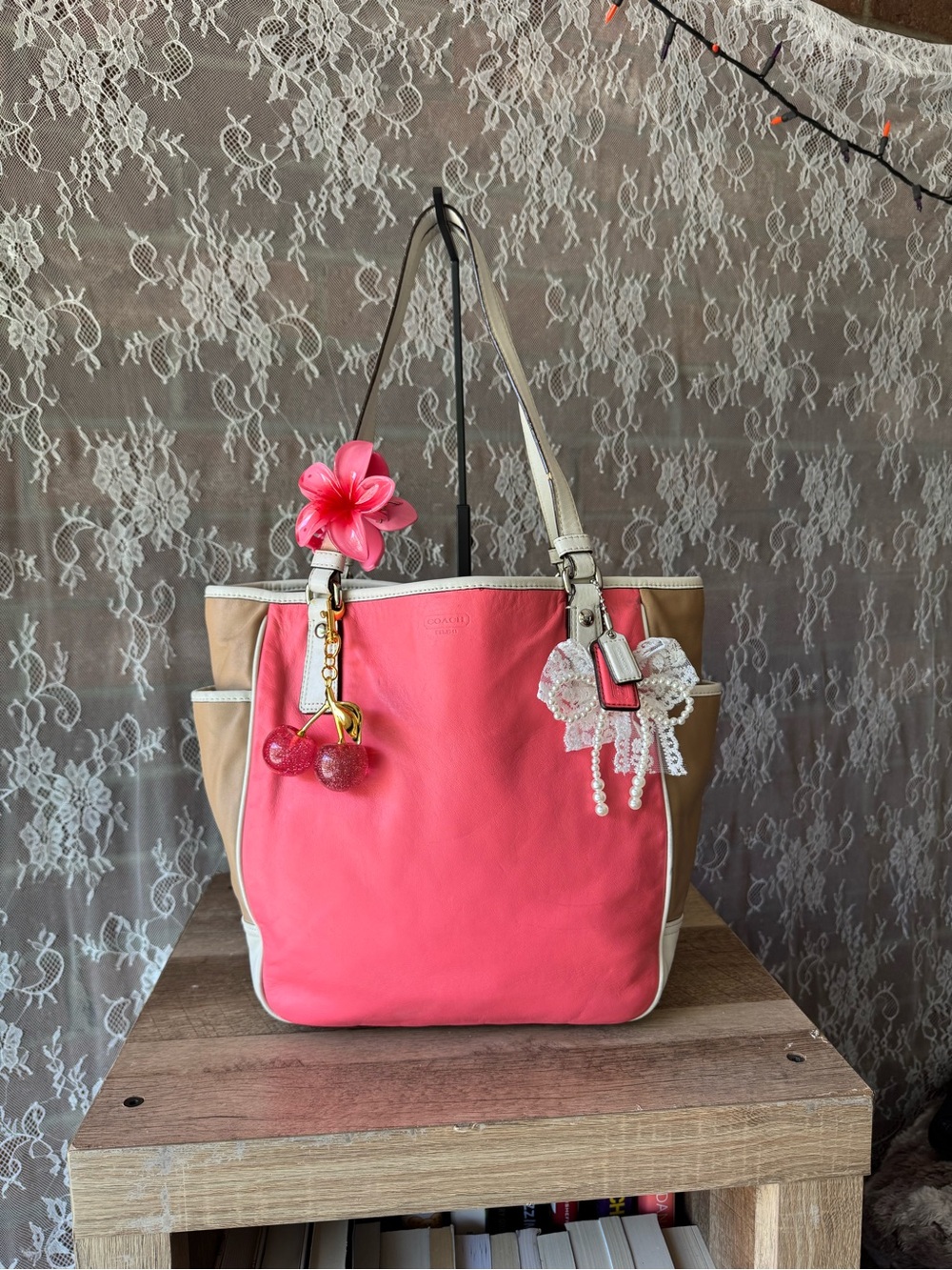 Coach Pink and Tan Leather Tote with White Trim